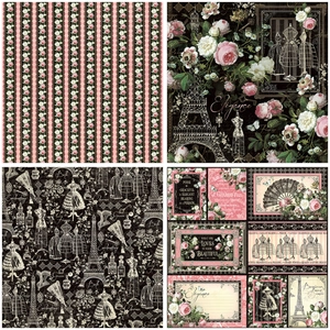 Macro view of four vintage French scrapbooking paper designs with roses and Eiffel Tower