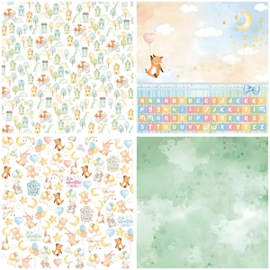 Detail showing four vintage scrapbooking paper designs with fox patterns and alphabet blocks
