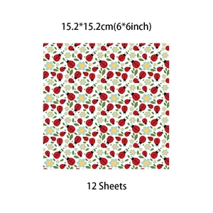 Detail of 12 vintage ladybug and floral pattern scrapbooking papers in 6x6 inch size
