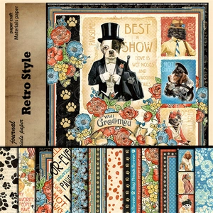 Macro view of retro animal paper craft materials with vintage floral and suit motifs