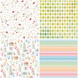 Vintage scrapbooking paper set with floral, argyle, birthday, and lace patterns