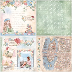Detail view of vintage French scrapbooking paper with retro girl and city map patterns