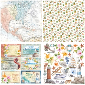 Detail of vintage tropical sea paper scraps with nautical maps and beach floral patterns