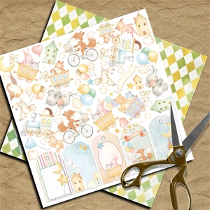 12 sheets of vintage watercolor animal scrapbooking paper featuring foxes and hot air balloons
