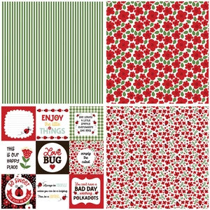 Detail of vintage ladybug themed decorative paper with floral patterns and scrapbooking quotes