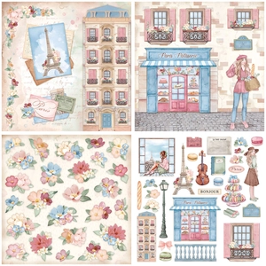 12 sheets of vintage French girl theme scrapbooking paper for DIY journal collage