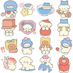 Close-up of 16 cute cartoon dog stickers for laptops with various cozy hand-drawn themes