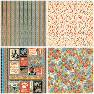 Detail view of vintage scrapbooking paper with floral patterns and pet collage designs