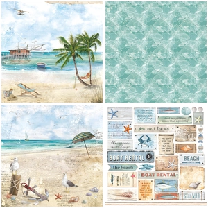 Detail of vintage beach and nautical scrapbook paper with palm trees and ocean motifs