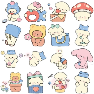 Detail view showing 16 assorted cute cartoon bear and dog stickers in pastel colors
