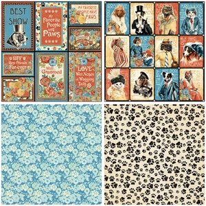 Close-up of vintage aesthetic scrapbook paper with cat, dog illustrations and floral patterns