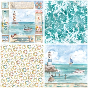 Nautical scrapbooking paper set with lighthouse, waves and sailing theme patterns