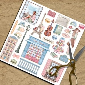 Detailed view of vintage Paris theme DIY sticker sheet for journaling and scrapbooking