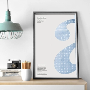 Detail view of typography art poster with Times New Roman theme and blue letter design