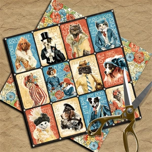 Detailed view of vintage anthropomorphic pet stickers for scrapbooking and DIY collage art