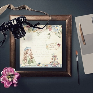 Flat lay of vintage scrapbooking paper with retro lady art and floral decor elements