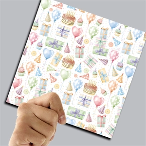 Detailed texture of watercolor scrapbooking paper with birthday cake and party patterns