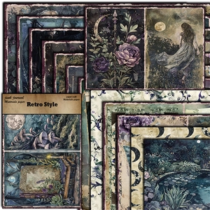 Close-up of vintage Moonlight Garden scrapbooking papers with moon and floral illustrations