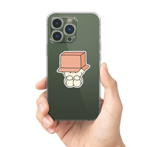 Close-up of a clear smartphone case featuring a cute cartoon bear in a paper box