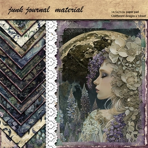 Vintage Moonlight Garden junk journal paper pack with 12 floral and star themed designs