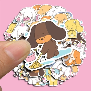 Cute cartoon puppy stickers for laptops and luggage showing diverse dog poses and activities
