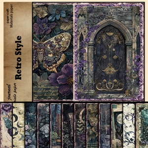 Macro detail of retro moonlight garden scrapbooking paper with vintage butterflies and florals