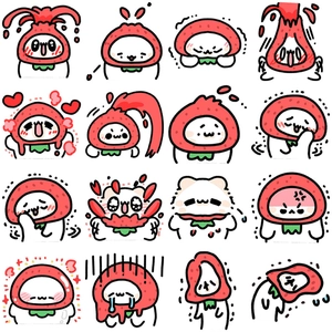 Detail of 16 cute cartoon strawberry cat stickers with various facial expressions in a grid