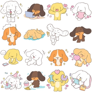 Detailed grid of 16 cute cartoon dog stickers with diverse emotions for DIY laptops