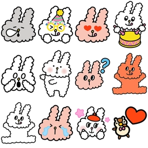 Detail of 12 cute cartoon rabbit stickers with various emotions and birthday themes