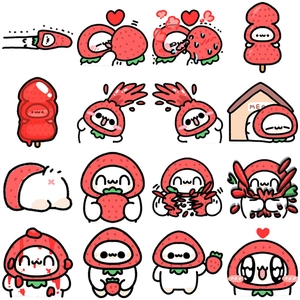 Detailed set of 16 cute strawberry cartoon character stickers with various expressions
