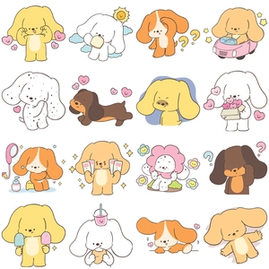 Detail view of 16 cute cartoon dog stickers for laptops featuring diverse puppy poses
