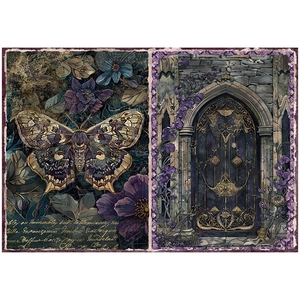 Vintage Moonlight Garden scrapbook paper set with moth design and gothic arch patterns