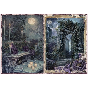 Gothic moon garden aesthetic scrapbook paper with vintage roses and iron archway detail
