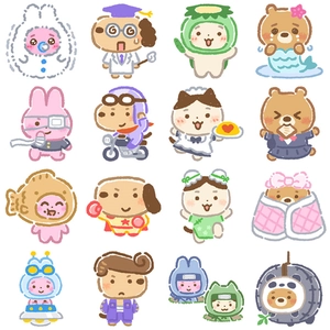 Macro detail of sixteen waterproof cartoon animal stickers for laptops and suitcases