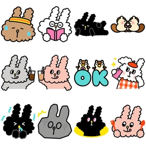Detail showing various cute cartoon rabbit and squirrel stickers in a flat lay grid layout