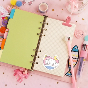 Close-up of pink 6-ring leather binder with green index pages and cute stationery set