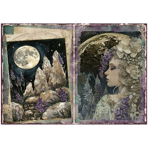 Detail view of Moonlight Garden scrapbooking paper with vintage floral and moon illustrations