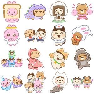 Detailed grid view of 16 cute hand-drawn cartoon fish head stickers for laptops and luggage