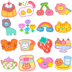 Detail of 16 cute hand-drawn strawberry and cat waterproof stickers for luggage and laptops