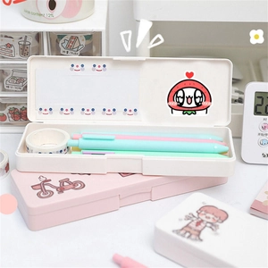 Dual-layer plastic pencil case with cartoon stickers and interior stationery storage