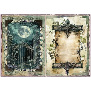 Macro detail of gothic moonlight garden scrapbooking paper with floral iron gate and scrolls