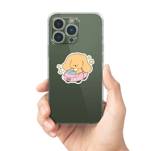 Close-up of clear phone case with a cute cartoon puppy driving a car and camera protection