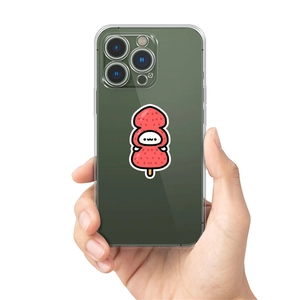 Detail showing hand holding a clear TPU phone case with cute strawberry cartoon prints