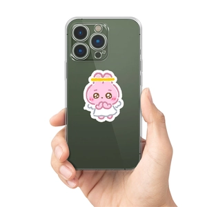 Close-up of a pink angel bunny printed on a clear phone case held by a person