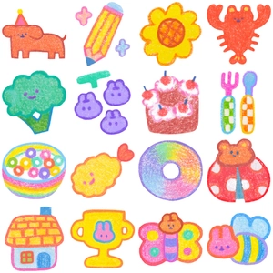 Detail of 16 cute crayon-style waterproof stickers featuring animals and food items