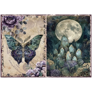 Detail of vintage moon garden collage paper with moths, crystals and retro floral patterns