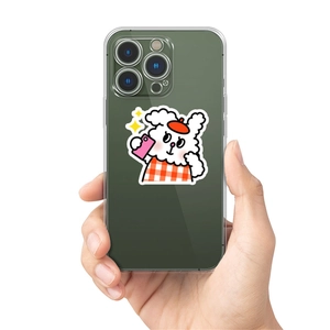 Close-up of clear iPhone 14 Pro case with cartoon dog selfie pattern and precise camera cutouts