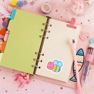 Pink leather 6-ring binder notebook with grid paper and cute stationery accessories