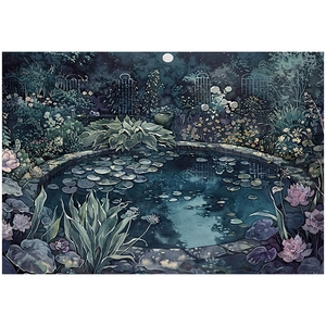 Macro detail of vintage moonlight garden collage paper with lotus and starry sky pattern