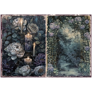 Detailed vintage floral illustrations featuring antique candles and golden garden arches